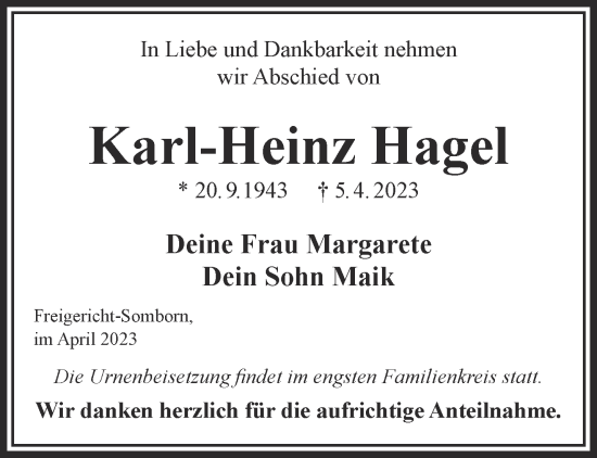 Traueranzeige von Karl-Heinz Hagel von Gelnhäuser Neue Zeitung