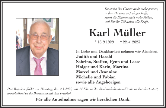 Traueranzeige von Karl Müller von Gelnhäuser Neue Zeitung