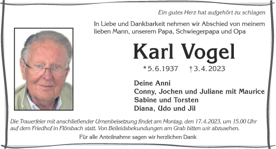 Traueranzeige von Karl Vogel von Gelnhäuser Neue Zeitung