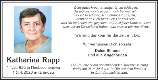 Traueranzeige von Katharina Rupp von Gelnhäuser Neue Zeitung