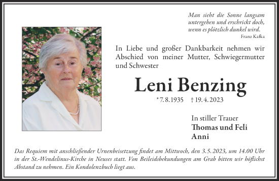 Traueranzeige von Leni Benzin von Mittelhessen-Bote