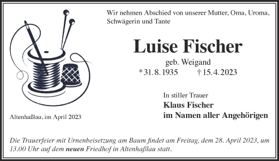 Traueranzeige von Luise Fischer von Gelnhäuser Neue Zeitung