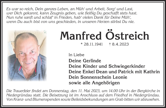 Traueranzeige von Manfred Östreich von Gelnhäuser Neue Zeitung