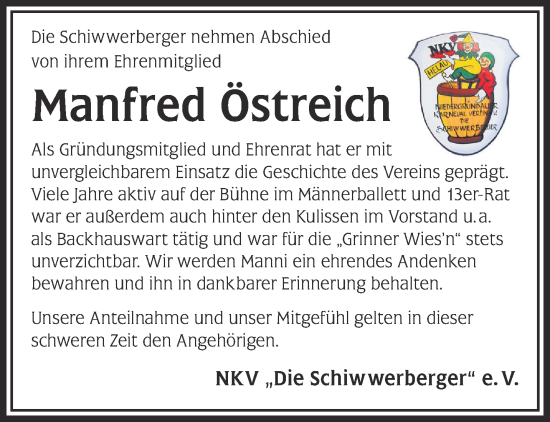 Traueranzeige von Manfred Östreich von Gelnhäuser Neue Zeitung