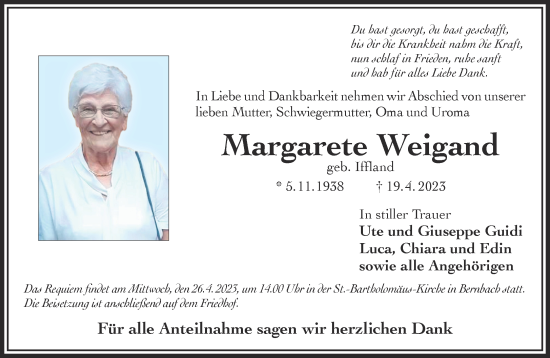 Traueranzeige von Margarete Weigand von Gelnhäuser Neue Zeitung