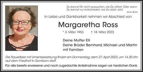 Traueranzeige von Margaretha Ross von Gelnhäuser Neue Zeitung