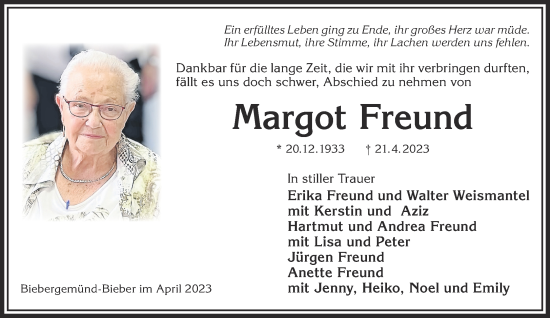 Traueranzeige von Margot Freund von Mittelhessen-Bote