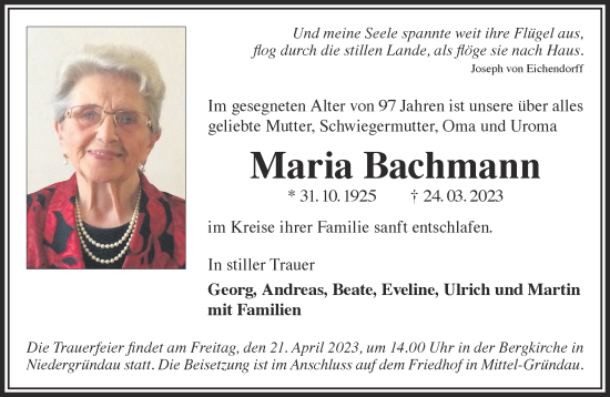 Traueranzeige von Maria Bachmann von Gelnhäuser Neue Zeitung