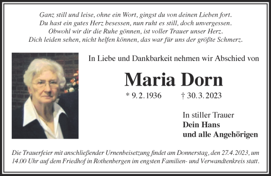 Traueranzeige von Maria Dorn von Gelnhäuser Neue Zeitung