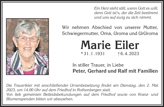 Traueranzeige von Marie Eiler von Gelnhäuser Neue Zeitung