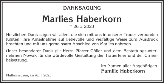 Traueranzeige von Marlies Haberkorn von Gelnhäuser Neue Zeitung