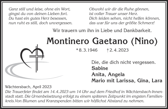 Traueranzeige von Montinero Gaetano von Gelnhäuser Neue Zeitung