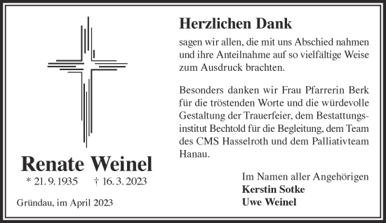 Traueranzeige von Renate Weinel von Gelnhäuser Neue Zeitung