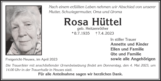 Traueranzeige von Rosa Hüttel von Gelnhäuser Neue Zeitung