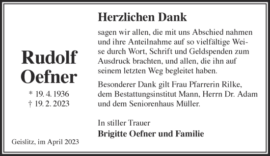 Traueranzeige von Rudolf Oefner von Gelnhäuser Neue Zeitung