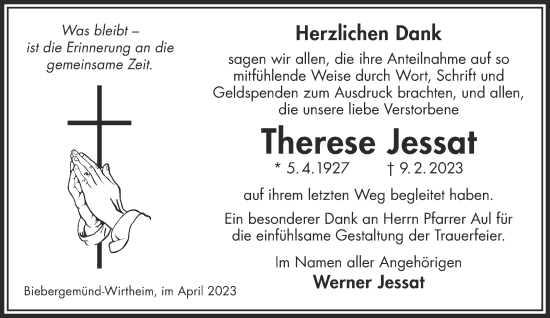 Traueranzeige von Therese Jessat von Mittelhessen-Bote