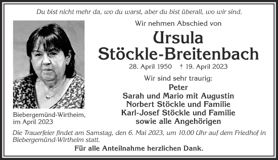 Traueranzeige von Ursula Stöckle-Breitenbach von Gelnhäuser Neue Zeitung