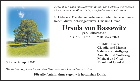 Traueranzeige von Ursula von Basserwitz von Gelnhäuser Neue Zeitung