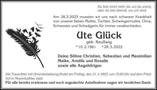 Traueranzeige von Ute Glück von Gelnhäuser Neue Zeitung