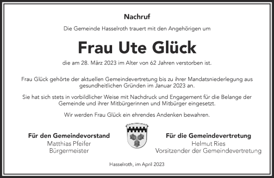 Traueranzeige von Ute Glück von Gelnhäuser Neue Zeitung