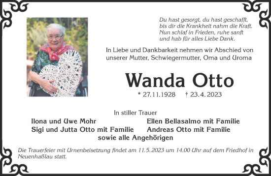 Traueranzeige von Wanda Otto von Gelnhäuser Neue Zeitung