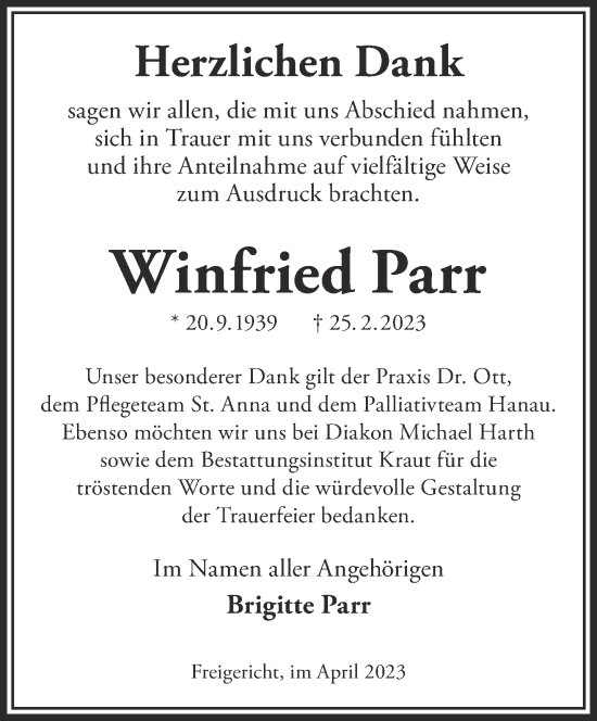 Traueranzeige von Winfried Parr von Gelnhäuser Neue Zeitung