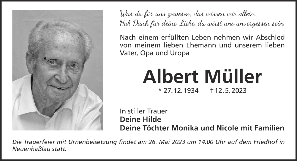  Traueranzeige für Albert Müller vom 20.05.2023 aus Gelnhäuser Neue Zeitung