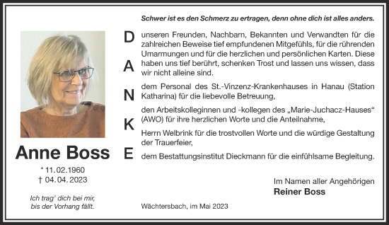 Traueranzeige von Anne Boss von Gelnhäuser Neue Zeitung