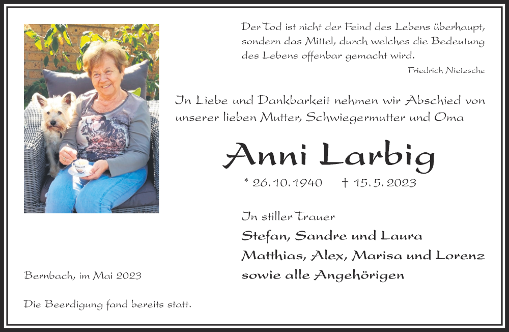  Traueranzeige für Anni Larbig vom 27.05.2023 aus Mittelhessen-Bote