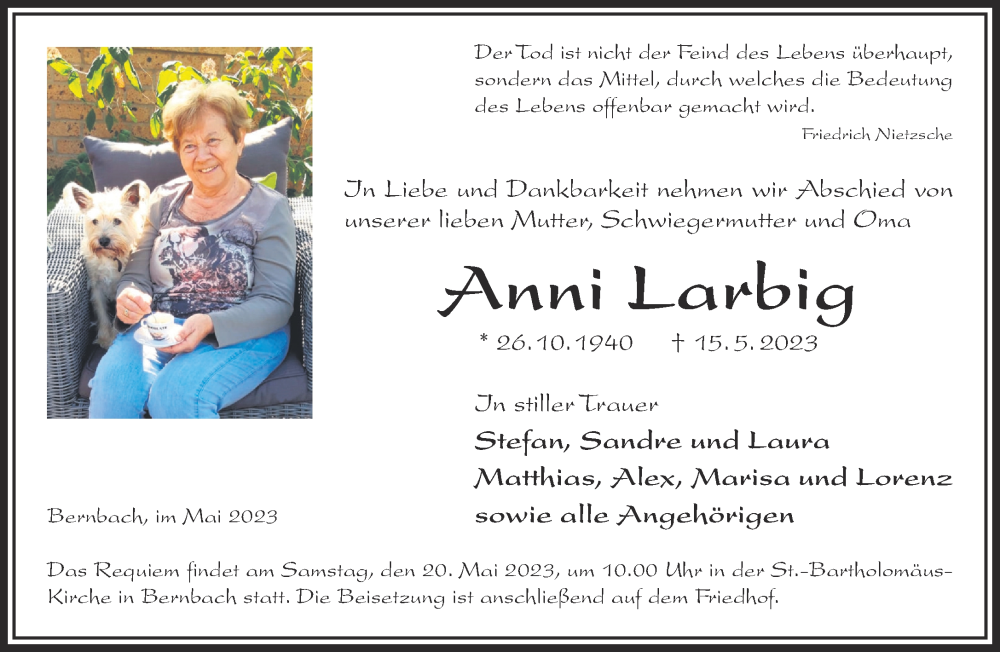  Traueranzeige für Anni Larbig vom 19.05.2023 aus Gelnhäuser Neue Zeitung