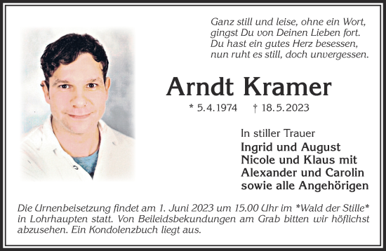 Traueranzeige von Arndt Kramer von Gelnhäuser Neue Zeitung