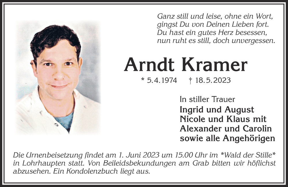  Traueranzeige für Arndt Kramer vom 27.05.2023 aus Mittelhessen-Bote