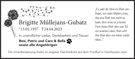 Traueranzeige von Brigitte Müllejans-Gubatz von Gelnhäuser Neue Zeitung