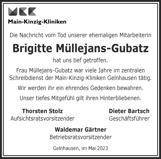 Traueranzeige von Brigitte Müllejans-Gubatz von Gelnhäuser Neue Zeitung