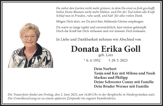 Traueranzeige von Donata Erika Goll von Gelnhäuser Neue Zeitung