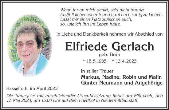 Traueranzeige von Elfriede Gerlach von Gelnhäuser Neue Zeitung