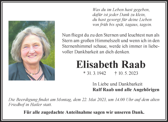 Traueranzeige von Elisabeth Raab von Gelnhäuser Neue Zeitung