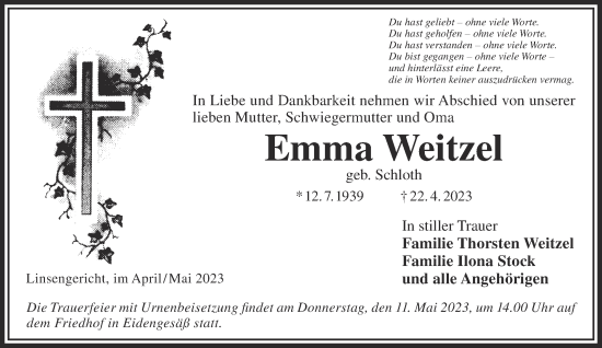 Traueranzeige von Emma Weitzel von Mittelhessen-Bote