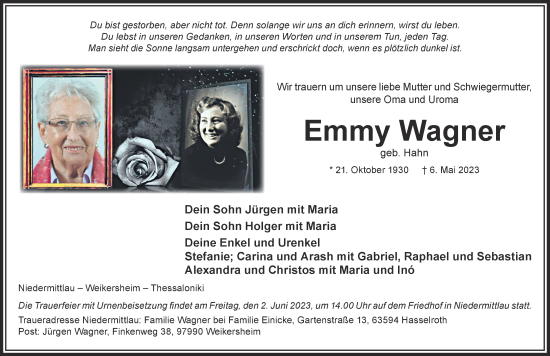 Traueranzeige von Emmy Wagner von Gelnhäuser Neue Zeitung