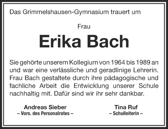 Traueranzeige von Erika Bach von Gelnhäuser Neue Zeitung