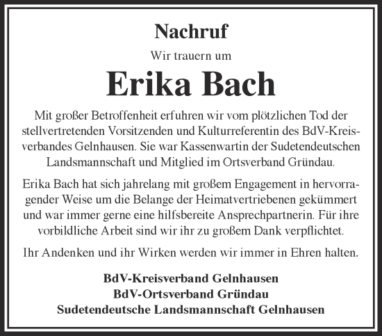 Traueranzeige von Erika Bach von Gelnhäuser Neue Zeitung