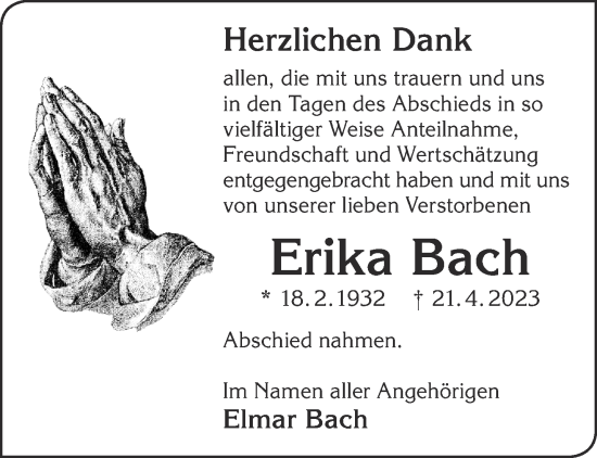 Traueranzeige von Erika Bach von Gelnhäuser Neue Zeitung