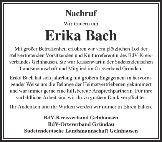 Traueranzeige von Erika Bach von Mittelhessen-Bote