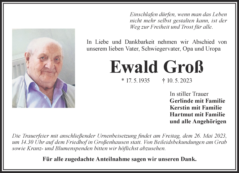  Traueranzeige für Ewald Groß vom 20.05.2023 aus Mittelhessen-Bote