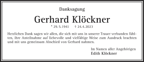 Traueranzeige von Gerhard Klöckner von Gelnhäuser Neue Zeitung