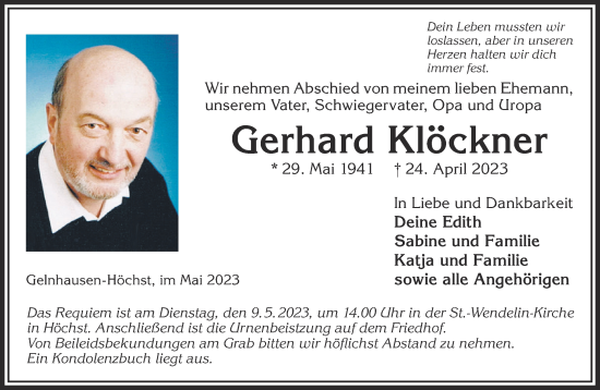 Traueranzeige von Gerhard Klöckner von Gelnhäuser Neue Zeitung