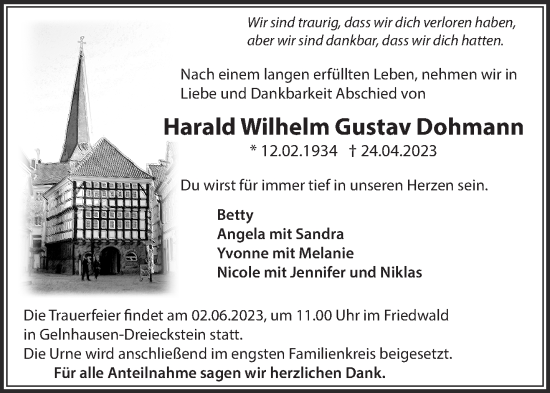 Traueranzeige von Harald Wilhelm Gustav Dohmann von Gelnhäuser Neue Zeitung