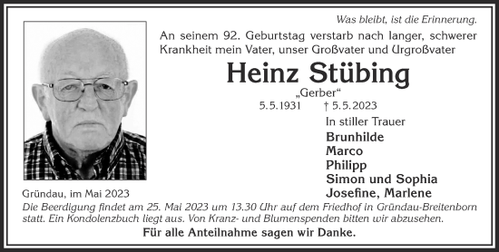 Traueranzeige von Heinz Stübing von Gelnhäuser Neue Zeitung