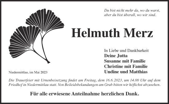 Traueranzeige von Helmuth Merz von Gelnhäuser Neue Zeitung