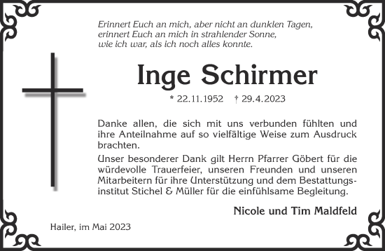 Traueranzeige von Inge Schirmer von Gelnhäuser Neue Zeitung